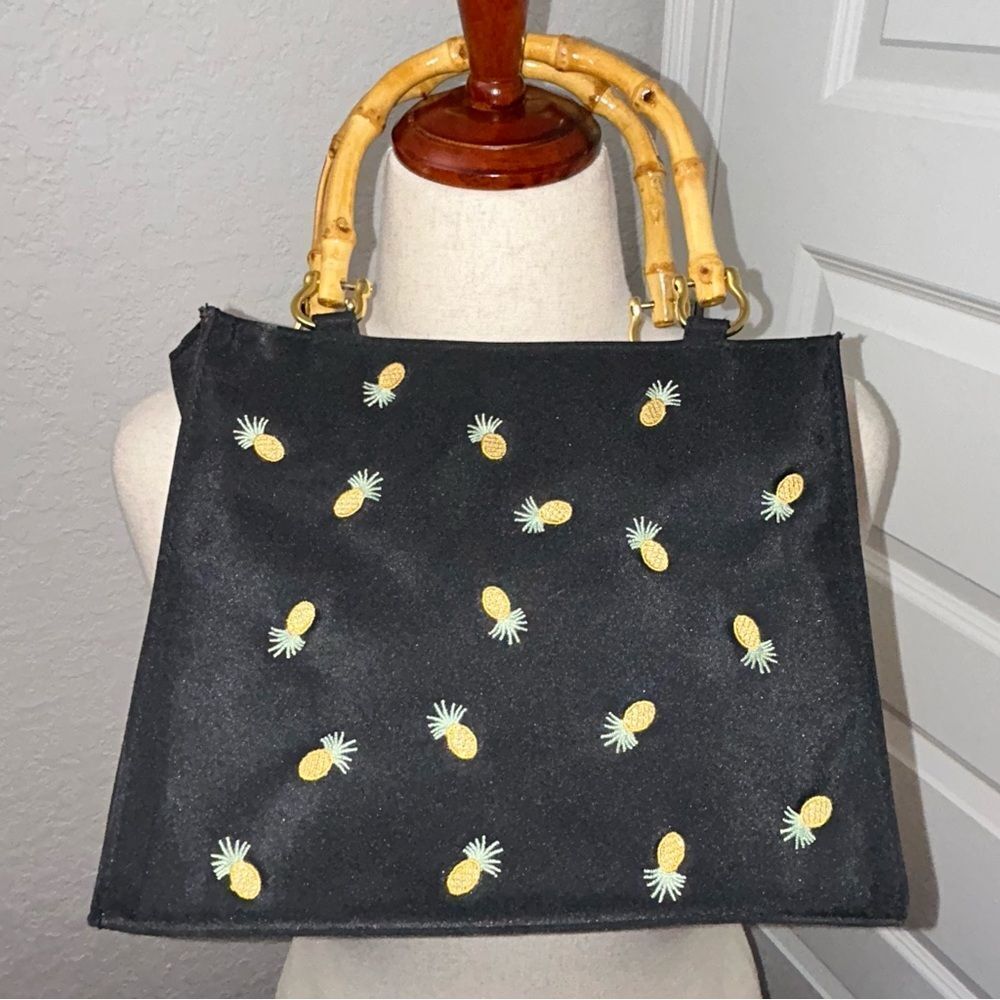 Tiannl Embroidered Pineapple Bamboo Handle Purse Bag